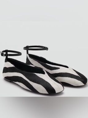 Mango Zebra-Print Ankle-Strap Flats in Black and White